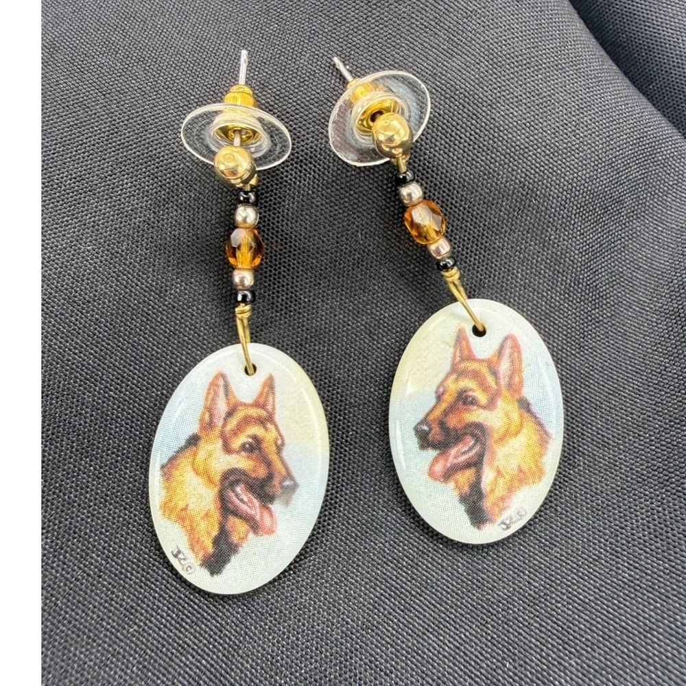 German Shepherd Dog Portrait Drop Earrings Gold Tone Bead Accent Oval Dangle